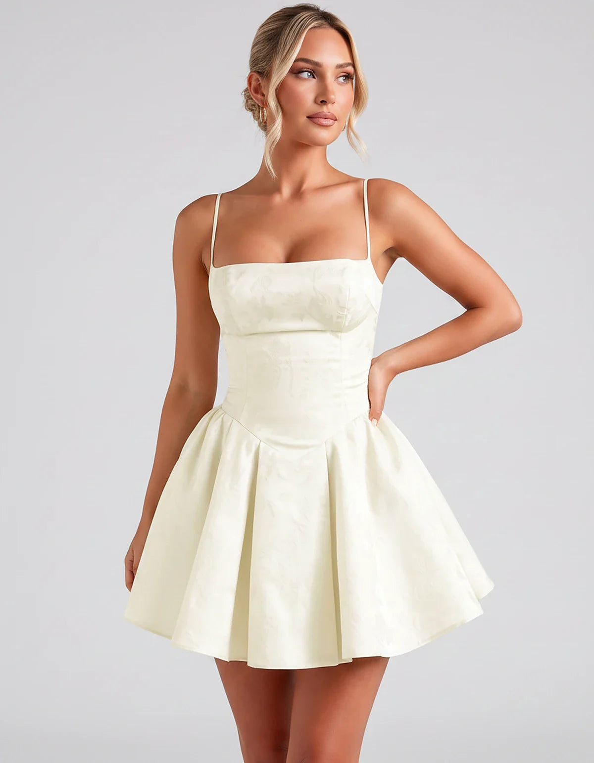Satin Jacquard Spaghetti Strap Square Neck A-Line Mini Dress for Party, Cocktail, Evening, Summer, Graduation and Wedding Gue | SKU: LM-260707123456789-IVORY-L,LM-260707123456789-IVORY-M,LM-260707123456789-IVORY-S,LM-260707123456789-IVORY-XL,LM-260707123456789-IVORY-XS