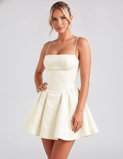 Satin Jacquard Spaghetti Strap Square Neck A-Line Mini Dress for Party, Cocktail, Evening, Summer, Graduation and Wedding Gue | SKU: LM-260707123456789-IVORY-L,LM-260707123456789-IVORY-M,LM-260707123456789-IVORY-S,LM-260707123456789-IVORY-XL,LM-260707123456789-IVORY-XS