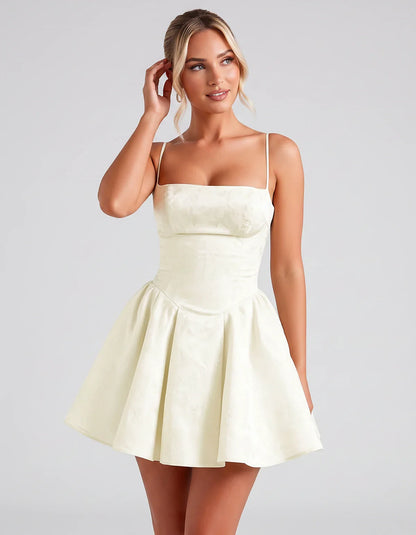 Satin Jacquard Spaghetti Strap Square Neck A-Line Mini Dress for Party, Cocktail, Evening, Summer, Graduation and Wedding Gue | SKU: LM-260707123456789-IVORY-L,LM-260707123456789-IVORY-M,LM-260707123456789-IVORY-S,LM-260707123456789-IVORY-XL,LM-260707123456789-IVORY-XS