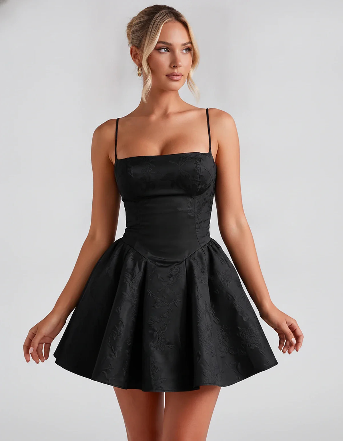 Satin Jacquard Spaghetti Strap Square Neck A-Line Mini Dress for Party, Cocktail, Evening, Summer, Graduation and Wedding Gue | SKU: LM-260707123456789-BLACK-L,LM-260707123456789-BLACK-M,LM-260707123456789-BLACK-S,LM-260707123456789-BLACK-XL,LM-260707123456789-BLACK-XS