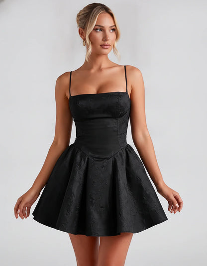 Satin Jacquard Spaghetti Strap Square Neck A-Line Mini Dress for Party, Cocktail, Evening, Summer, Graduation and Wedding Gue | SKU: LM-260707123456789-BLACK-L,LM-260707123456789-BLACK-M,LM-260707123456789-BLACK-S,LM-260707123456789-BLACK-XL,LM-260707123456789-BLACK-XS