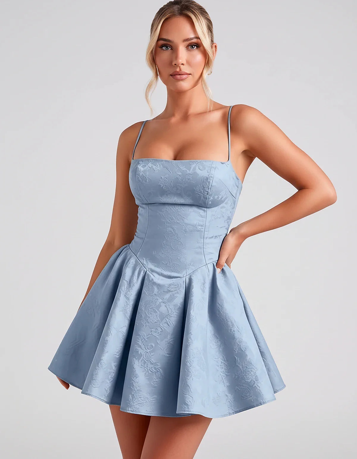 Satin Jacquard Spaghetti Strap Square Neck A-Line Mini Dress for Party, Cocktail, Evening, Summer, Graduation and Wedding Gue | SKU: LM-260707123456789-DUSTYBLUE-L,LM-260707123456789-DUSTYBLUE-M,LM-260707123456789-DUSTYBLUE-S,LM-260707123456789-DUSTYBLUE-XL,LM-260707123456789-DUSTYBLUE-XS