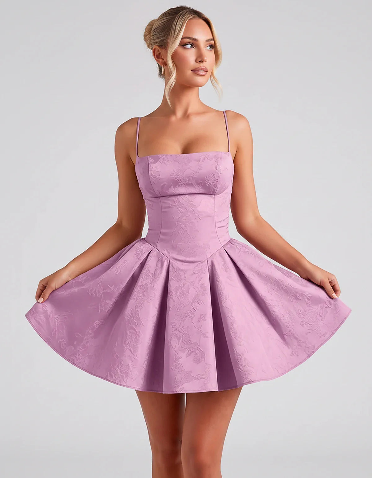 Satin Jacquard Spaghetti Strap Square Neck A-Line Mini Dress for Party, Cocktail, Evening, Summer, Graduation and Wedding Gue | SKU: LM-260707123456789-PURPLE-L,LM-260707123456789-PURPLE-M,LM-260707123456789-PURPLE-S,LM-260707123456789-PURPLE-XL,LM-260707123456789-PURPLE-XS
