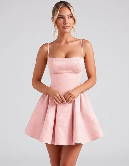 Satin Jacquard Spaghetti Strap Square Neck A-Line Mini Dress for Party, Cocktail, Evening, Summer, Graduation and Wedding Gue | SKU: LM-260707123456789-PINK-L,LM-260707123456789-PINK-M,LM-260707123456789-PINK-S,LM-260707123456789-PINK-XL,LM-260707123456789-PINK-XS