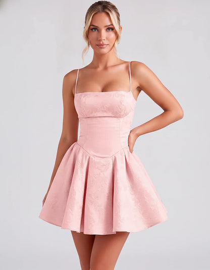 Satin Jacquard Spaghetti Strap Square Neck A-Line Mini Dress for Party, Cocktail, Evening, Summer, Graduation and Wedding Gue | SKU: LM-260707123456789-PINK-L,LM-260707123456789-PINK-M,LM-260707123456789-PINK-S,LM-260707123456789-PINK-XL,LM-260707123456789-PINK-XS