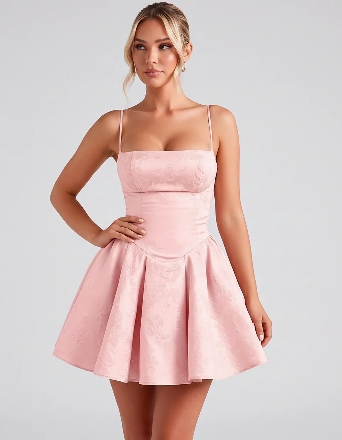 Satin Jacquard Spaghetti Strap Square Neck A-Line Mini Dress for Party, Cocktail, Evening, Summer, Graduation and Wedding Gue | SKU: LM-260707123456789-PINK-L,LM-260707123456789-PINK-M,LM-260707123456789-PINK-S,LM-260707123456789-PINK-XL,LM-260707123456789-PINK-XS