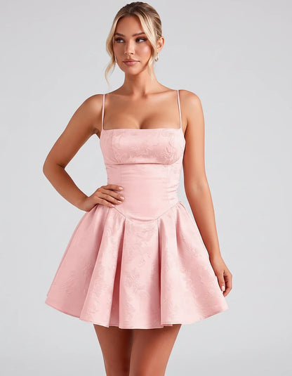 Satin Jacquard Spaghetti Strap Square Neck A-Line Mini Dress for Party, Cocktail, Evening, Summer, Graduation and Wedding Gue | SKU: LM-260707123456789-PINK-L,LM-260707123456789-PINK-M,LM-260707123456789-PINK-S,LM-260707123456789-PINK-XL,LM-260707123456789-PINK-XS