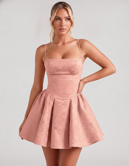 Satin Jacquard Spaghetti Strap Square Neck A-Line Mini Dress for Party, Cocktail, Evening, Summer, Graduation and Wedding Gue | SKU: LM-260707123456789-DUSTYROSE-L,LM-260707123456789-DUSTYROSE-M,LM-260707123456789-DUSTYROSE-S,LM-260707123456789-DUSTYROSE-XL,LM-260707123456789-DUSTYROSE-XS