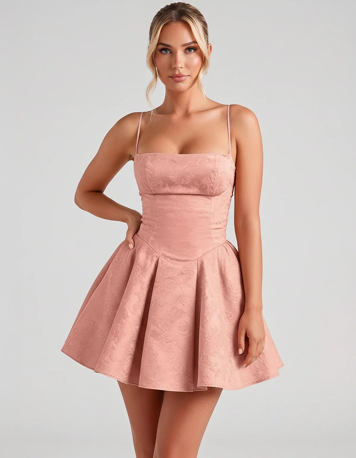 Satin Jacquard Spaghetti Strap Square Neck A-Line Mini Dress for Party, Cocktail, Evening, Summer, Graduation and Wedding Gue | SKU: LM-260707123456789-DUSTYROSE-L,LM-260707123456789-DUSTYROSE-M,LM-260707123456789-DUSTYROSE-S,LM-260707123456789-DUSTYROSE-XL,LM-260707123456789-DUSTYROSE-XS