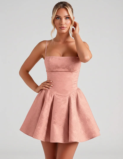 Satin Jacquard Spaghetti Strap Square Neck A-Line Mini Dress for Party, Cocktail, Evening, Summer, Graduation and Wedding Gue | SKU: LM-260707123456789-DUSTYROSE-L,LM-260707123456789-DUSTYROSE-M,LM-260707123456789-DUSTYROSE-S,LM-260707123456789-DUSTYROSE-XL,LM-260707123456789-DUSTYROSE-XS