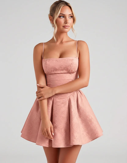 Satin Jacquard Spaghetti Strap Square Neck A-Line Mini Dress for Party, Cocktail, Evening, Summer, Graduation and Wedding Gue | SKU: LM-260707123456789-DUSTYROSE-L,LM-260707123456789-DUSTYROSE-M,LM-260707123456789-DUSTYROSE-S,LM-260707123456789-DUSTYROSE-XL,LM-260707123456789-DUSTYROSE-XS