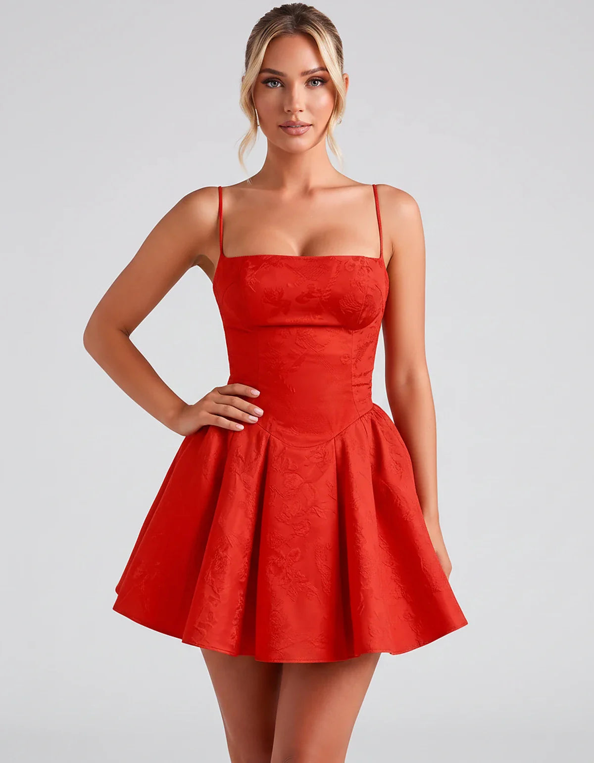 Satin Jacquard Spaghetti Strap Square Neck A-Line Mini Dress for Party, Cocktail, Evening, Summer, Graduation and Wedding Gue | SKU: LM-260707123456789-RED-L,LM-260707123456789-RED-M,LM-260707123456789-RED-S,LM-260707123456789-RED-XL,LM-260707123456789-RED-XS