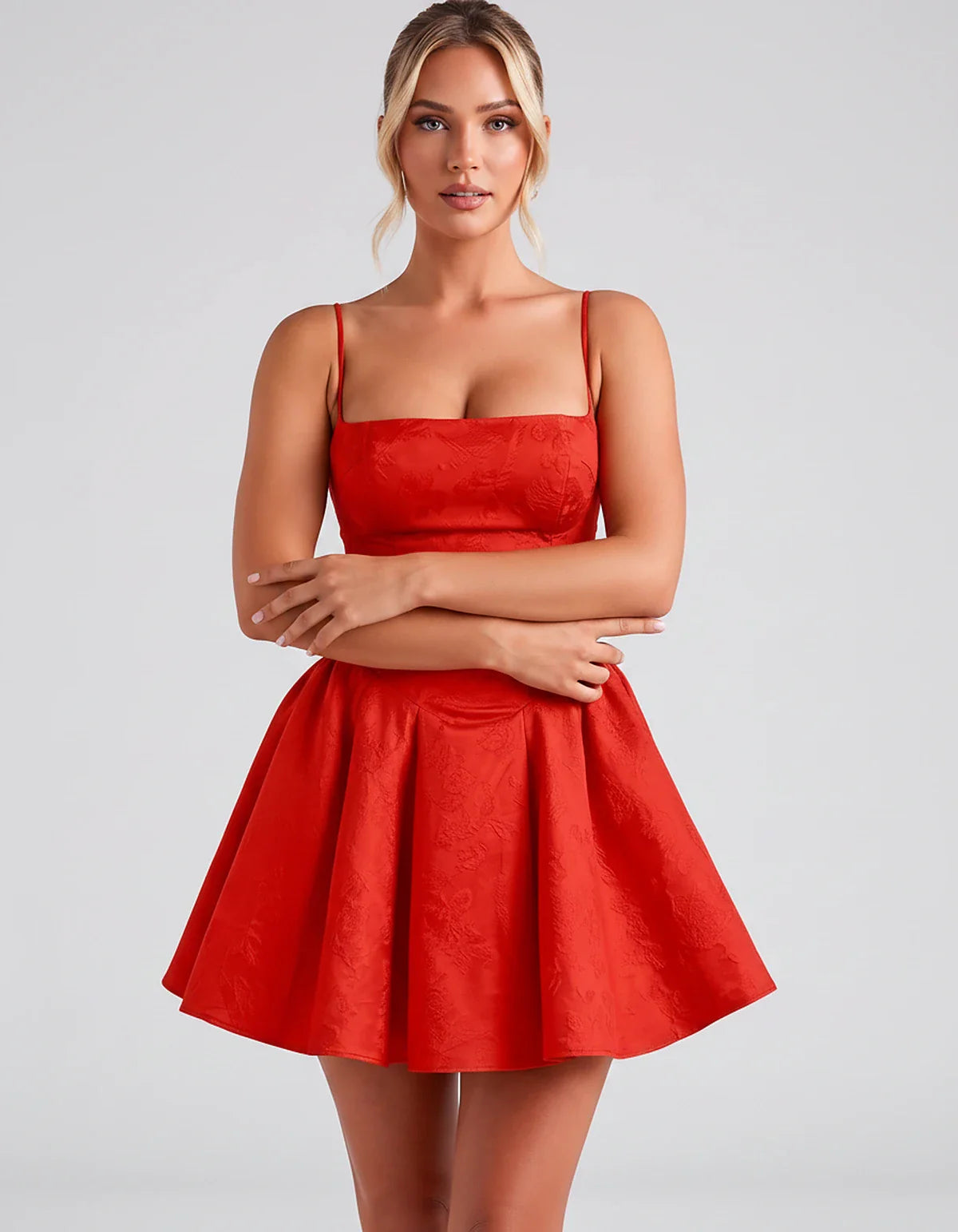 Satin Jacquard Spaghetti Strap Square Neck A-Line Mini Dress for Party, Cocktail, Evening, Summer, Graduation and Wedding Gue | SKU: LM-260707123456789-RED-L,LM-260707123456789-RED-M,LM-260707123456789-RED-S,LM-260707123456789-RED-XL,LM-260707123456789-RED-XS