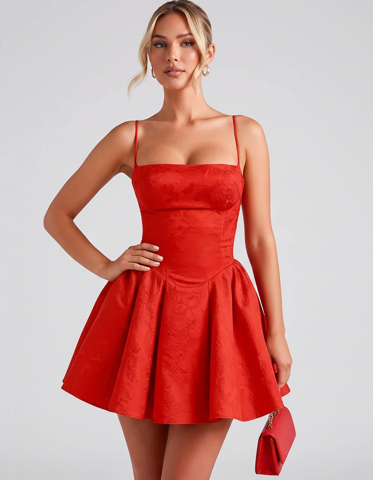 Satin Jacquard Spaghetti Strap Square Neck A-Line Mini Dress for Party, Cocktail, Evening, Summer, Graduation and Wedding Gue | SKU: LM-260707123456789-RED-L,LM-260707123456789-RED-M,LM-260707123456789-RED-S,LM-260707123456789-RED-XL,LM-260707123456789-RED-XS