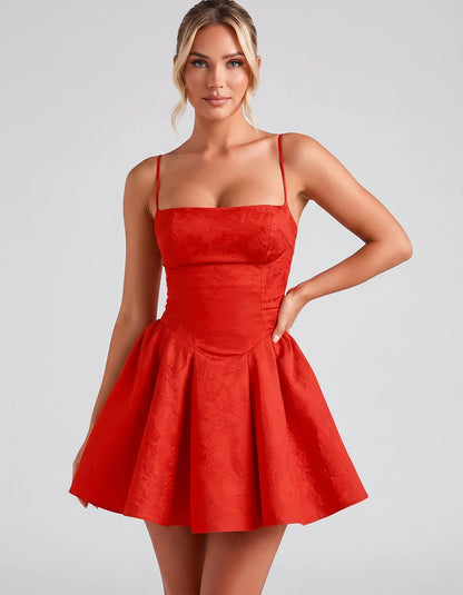 Satin Jacquard Spaghetti Strap Square Neck A-Line Mini Dress for Party, Cocktail, Evening, Summer, Graduation and Wedding Gue | SKU: LM-260707123456789-RED-L,LM-260707123456789-RED-M,LM-260707123456789-RED-S,LM-260707123456789-RED-XL,LM-260707123456789-RED-XS