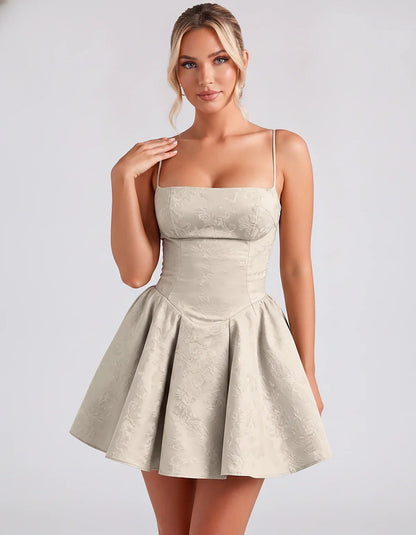 Satin Jacquard Spaghetti Strap Square Neck A-Line Mini Dress for Party, Cocktail, Evening, Summer, Graduation and Wedding Gue | SKU: LM-260707123456789-SILVER-L,LM-260707123456789-SILVER-M,LM-260707123456789-SILVER-S,LM-260707123456789-SILVER-XL,LM-260707123456789-SILVER-XS