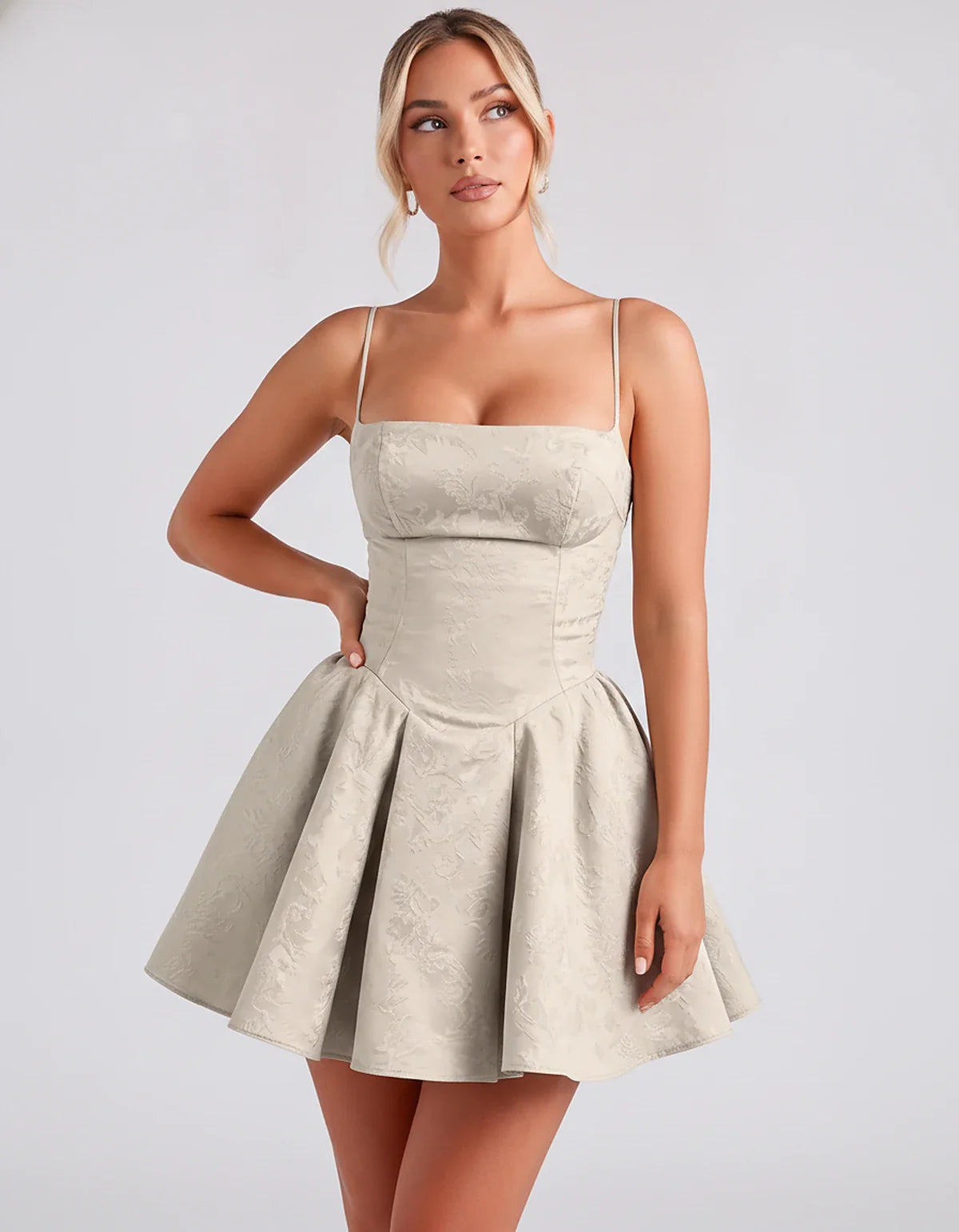 Satin Jacquard Spaghetti Strap Square Neck A-Line Mini Dress for Party, Cocktail, Evening, Summer, Graduation and Wedding Gue | SKU: LM-260707123456789-SILVER-L,LM-260707123456789-SILVER-M,LM-260707123456789-SILVER-S,LM-260707123456789-SILVER-XL,LM-260707123456789-SILVER-XS