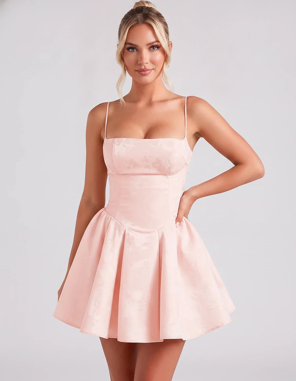 Satin Jacquard Spaghetti Strap Square Neck A-Line Mini Dress for Party, Cocktail, Evening, Summer, Graduation and Wedding Gue | SKU: LM-260707123456789-BLUSH-L,LM-260707123456789-BLUSH-M,LM-260707123456789-BLUSH-S,LM-260707123456789-BLUSH-XL,LM-260707123456789-BLUSH-XS