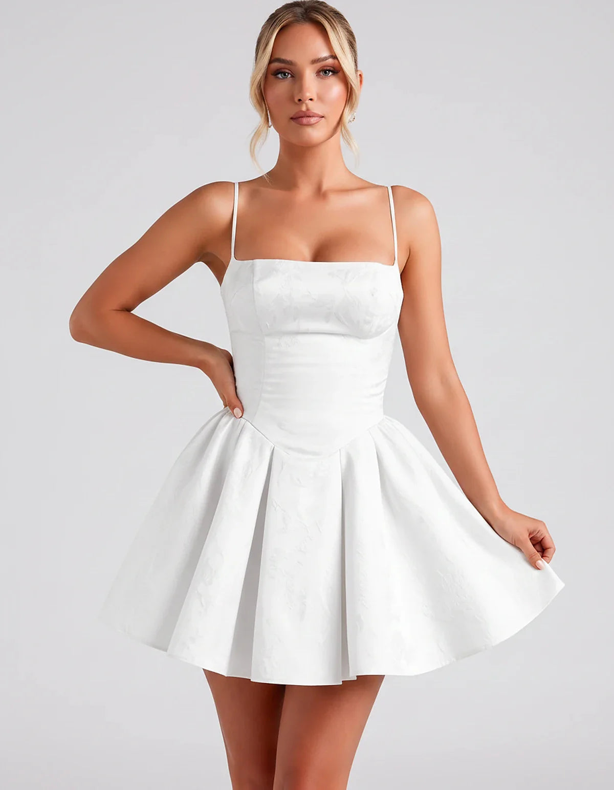 Satin Jacquard Spaghetti Strap Square Neck A-Line Mini Dress for Party, Cocktail, Evening, Summer, Graduation and Wedding Gue | SKU: LM-260707123456789-WHITE-L,LM-260707123456789-WHITE-M,LM-260707123456789-WHITE-S,LM-260707123456789-WHITE-XL,LM-260707123456789-WHITE-XS