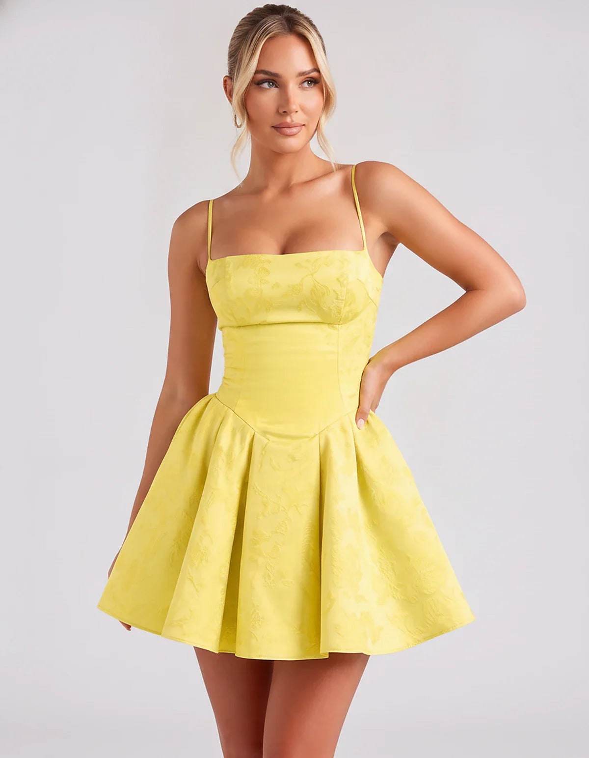 Satin Jacquard Spaghetti Strap Square Neck A-Line Mini Dress for Party, Cocktail, Evening, Summer, Graduation and Wedding Gue | SKU: LM-260707123456789-YELLOW-L,LM-260707123456789-YELLOW-M,LM-260707123456789-YELLOW-S,LM-260707123456789-YELLOW-XL,LM-260707123456789-YELLOW-XS