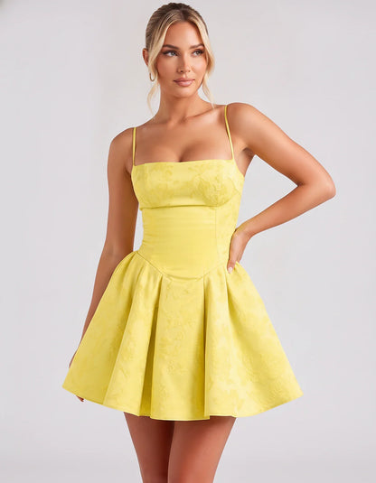 Satin Jacquard Spaghetti Strap Square Neck A-Line Mini Dress for Party, Cocktail, Evening, Summer, Graduation and Wedding Gue | SKU: LM-260707123456789-YELLOW-L,LM-260707123456789-YELLOW-M,LM-260707123456789-YELLOW-S,LM-260707123456789-YELLOW-XL,LM-260707123456789-YELLOW-XS