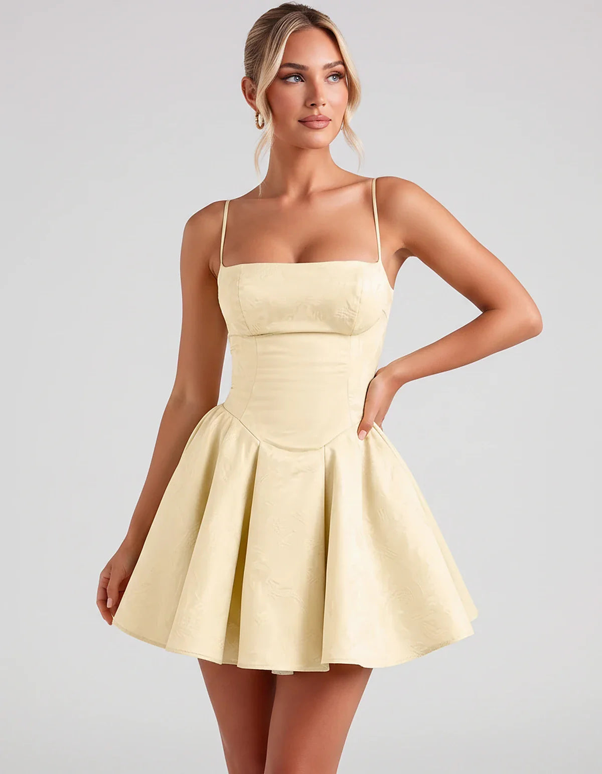 Satin Jacquard Spaghetti Strap Square Neck A-Line Mini Dress for Party, Cocktail, Evening, Summer, Graduation and Wedding Gue | SKU: LM-260707123456789-CHAMPAGNE-L,LM-260707123456789-CHAMPAGNE-M,LM-260707123456789-CHAMPAGNE-S,LM-260707123456789-CHAMPAGNE-XL,LM-260707123456789-CHAMPAGNE-XS