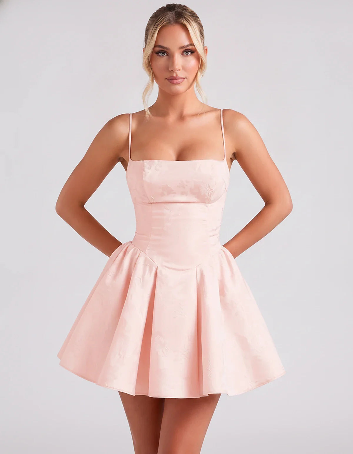 Satin Jacquard Spaghetti Strap Square Neck A-Line Mini Dress for Party, Cocktail, Evening, Summer, Graduation and Wedding Gue | SKU: LM-260707123456789-BLUSH-L,LM-260707123456789-BLUSH-M,LM-260707123456789-BLUSH-S,LM-260707123456789-BLUSH-XL,LM-260707123456789-BLUSH-XS