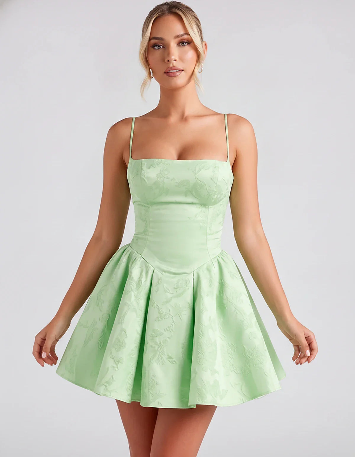 Satin Jacquard Spaghetti Strap Square Neck A-Line Mini Dress for Party, Cocktail, Evening, Summer, Graduation and Wedding Gue | SKU: LM-260707123456789-MINT-L,LM-260707123456789-MINT-M,LM-260707123456789-MINT-S,LM-260707123456789-MINT-XL,LM-260707123456789-MINT-XS