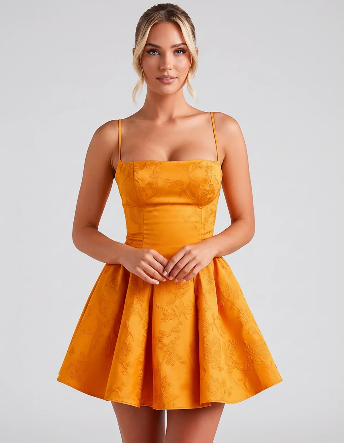 Satin Jacquard Spaghetti Strap Square Neck A-Line Mini Dress for Party, Cocktail, Evening, Summer, Graduation and Wedding Gue | SKU: LM-260707123456789-ORANGE-L,LM-260707123456789-ORANGE-M,LM-260707123456789-ORANGE-S,LM-260707123456789-ORANGE-XL,LM-260707123456789-ORANGE-XS