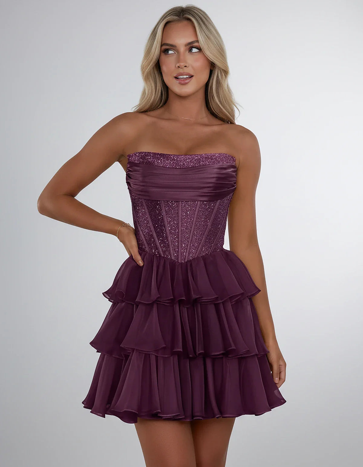 Chiffon Sequin Strapless Straight Neck Corset A-Line Mini Dress for Graduation, Homecoming, Cocktail Party, Evening & Wedding | SKU: LMD-641958273840516-PURPLE-L,LMD-641958273840516-PURPLE-M,LMD-641958273840516-PURPLE-S,LMD-641958273840516-PURPLE-XL,LMD-641958273840516-PURPLE-XS