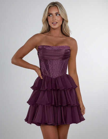 Chiffon Sequin Strapless Straight Neck Corset A-Line Mini Dress for Graduation, Homecoming, Cocktail Party, Evening & Wedding | SKU: LMD-641958273840516-PURPLE-L,LMD-641958273840516-PURPLE-M,LMD-641958273840516-PURPLE-S,LMD-641958273840516-PURPLE-XL,LMD-641958273840516-PURPLE-XS