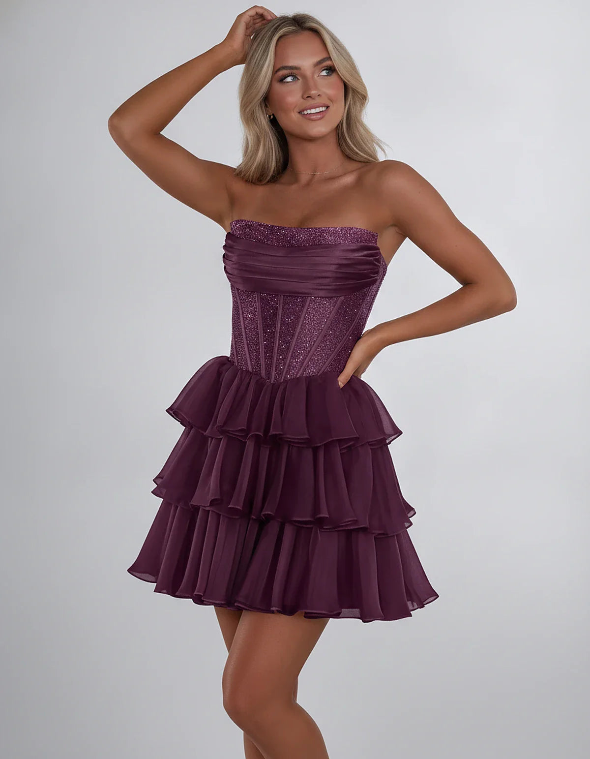 Chiffon Sequin Strapless Straight Neck Corset A-Line Mini Dress for Graduation, Homecoming, Cocktail Party, Evening & Wedding | SKU: LMD-641958273840516-PURPLE-L,LMD-641958273840516-PURPLE-M,LMD-641958273840516-PURPLE-S,LMD-641958273840516-PURPLE-XL,LMD-641958273840516-PURPLE-XS