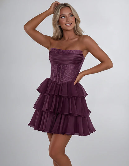 Chiffon Sequin Strapless Straight Neck Corset A-Line Mini Dress for Graduation, Homecoming, Cocktail Party, Evening & Wedding | SKU: LMD-641958273840516-PURPLE-L,LMD-641958273840516-PURPLE-M,LMD-641958273840516-PURPLE-S,LMD-641958273840516-PURPLE-XL,LMD-641958273840516-PURPLE-XS