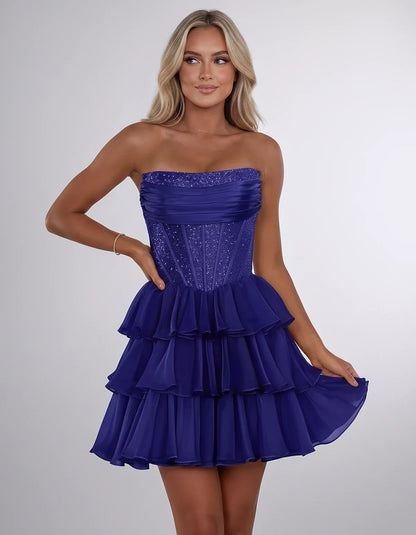 Chiffon Sequin Strapless Straight Neck Corset A-Line Mini Dress for Graduation, Homecoming, Cocktail Party, Evening & Wedding | SKU: LMD-641958273840516-BLUE-L,LMD-641958273840516-BLUE-M,LMD-641958273840516-BLUE-S,LMD-641958273840516-BLUE-XL,LMD-641958273840516-BLUE-XS