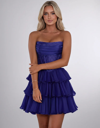 Chiffon Sequin Strapless Straight Neck Corset A-Line Mini Dress for Graduation, Homecoming, Cocktail Party, Evening & Wedding | SKU: LMD-641958273840516-BLUE-L,LMD-641958273840516-BLUE-M,LMD-641958273840516-BLUE-S,LMD-641958273840516-BLUE-XL,LMD-641958273840516-BLUE-XS