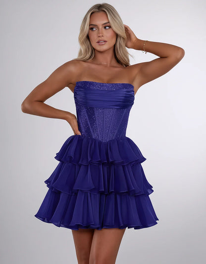 Chiffon Sequin Strapless Straight Neck Corset A-Line Mini Dress for Graduation, Homecoming, Cocktail Party, Evening & Wedding | SKU: LMD-641958273840516-BLUE-L,LMD-641958273840516-BLUE-M,LMD-641958273840516-BLUE-S,LMD-641958273840516-BLUE-XL,LMD-641958273840516-BLUE-XS