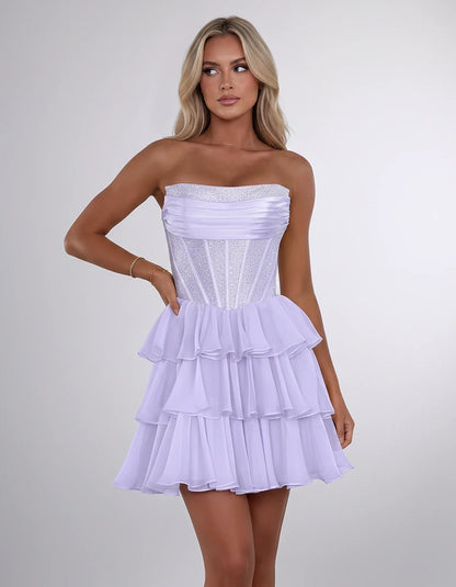 Chiffon Sequin Strapless Straight Neck Corset A-Line Mini Dress for Graduation, Homecoming, Cocktail Party, Evening & Wedding | SKU: LMD-641958273840516-LAVENDER-L,LMD-641958273840516-LAVENDER-M,LMD-641958273840516-LAVENDER-S,LMD-641958273840516-LAVENDER-XL,LMD-641958273840516-LAVENDER-XS