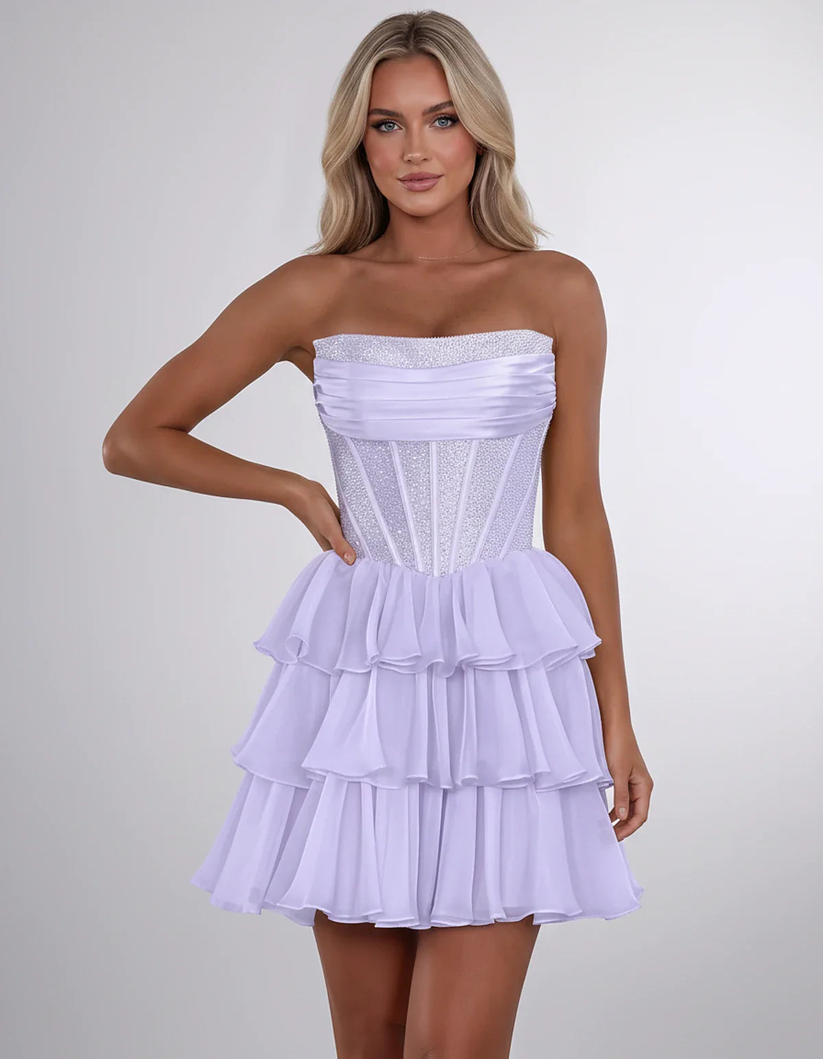 Chiffon Sequin Strapless Straight Neck Corset A-Line Mini Dress for Graduation, Homecoming, Cocktail Party, Evening & Wedding | SKU: LMD-641958273840516-LAVENDER-L,LMD-641958273840516-LAVENDER-M,LMD-641958273840516-LAVENDER-S,LMD-641958273840516-LAVENDER-XL,LMD-641958273840516-LAVENDER-XS