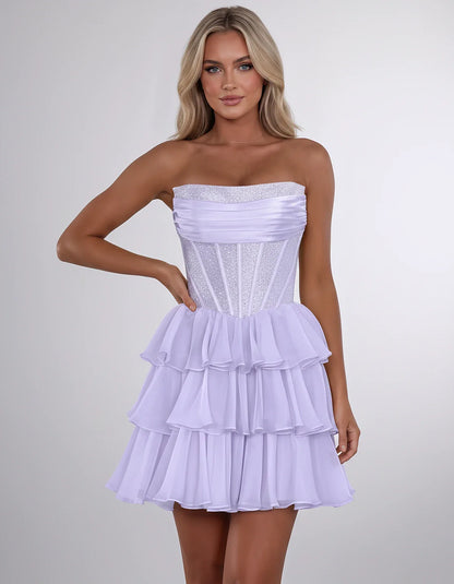 Chiffon Sequin Strapless Straight Neck Corset A-Line Mini Dress for Graduation, Homecoming, Cocktail Party, Evening & Wedding | SKU: LMD-641958273840516-LAVENDER-L,LMD-641958273840516-LAVENDER-M,LMD-641958273840516-LAVENDER-S,LMD-641958273840516-LAVENDER-XL,LMD-641958273840516-LAVENDER-XS