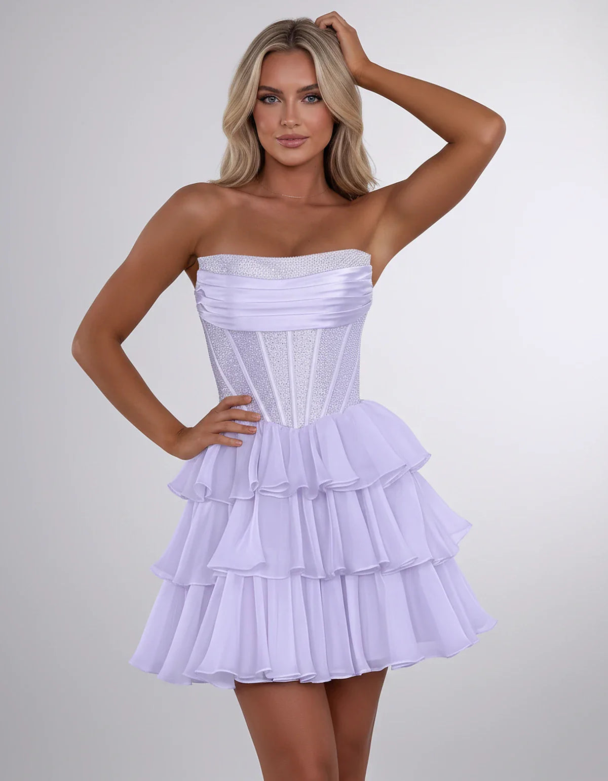 Chiffon Sequin Strapless Straight Neck Corset A-Line Mini Dress for Graduation, Homecoming, Cocktail Party, Evening & Wedding | SKU: LMD-641958273840516-LAVENDER-L,LMD-641958273840516-LAVENDER-M,LMD-641958273840516-LAVENDER-S,LMD-641958273840516-LAVENDER-XL,LMD-641958273840516-LAVENDER-XS