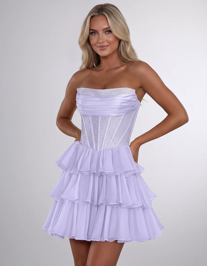 Chiffon Sequin Strapless Straight Neck Corset A-Line Mini Dress for Graduation, Homecoming, Cocktail Party, Evening & Wedding | SKU: LMD-641958273840516-LAVENDER-L,LMD-641958273840516-LAVENDER-M,LMD-641958273840516-LAVENDER-S,LMD-641958273840516-LAVENDER-XL,LMD-641958273840516-LAVENDER-XS