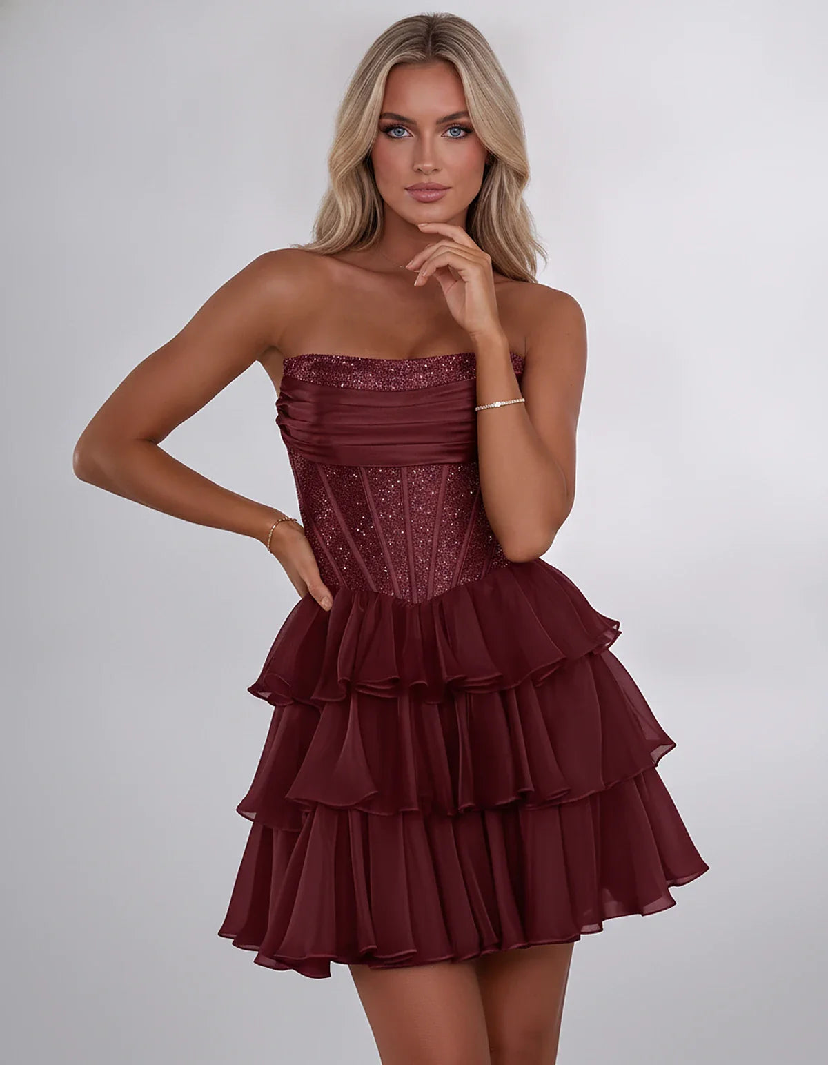 Chiffon Sequin Strapless Straight Neck Corset A-Line Mini Dress for Graduation, Homecoming, Cocktail Party, Evening & Wedding | SKU: LMD-641958273840516-BURGUNDY-L,LMD-641958273840516-BURGUNDY-M,LMD-641958273840516-BURGUNDY-S,LMD-641958273840516-BURGUNDY-XL,LMD-641958273840516-BURGUNDY-XS