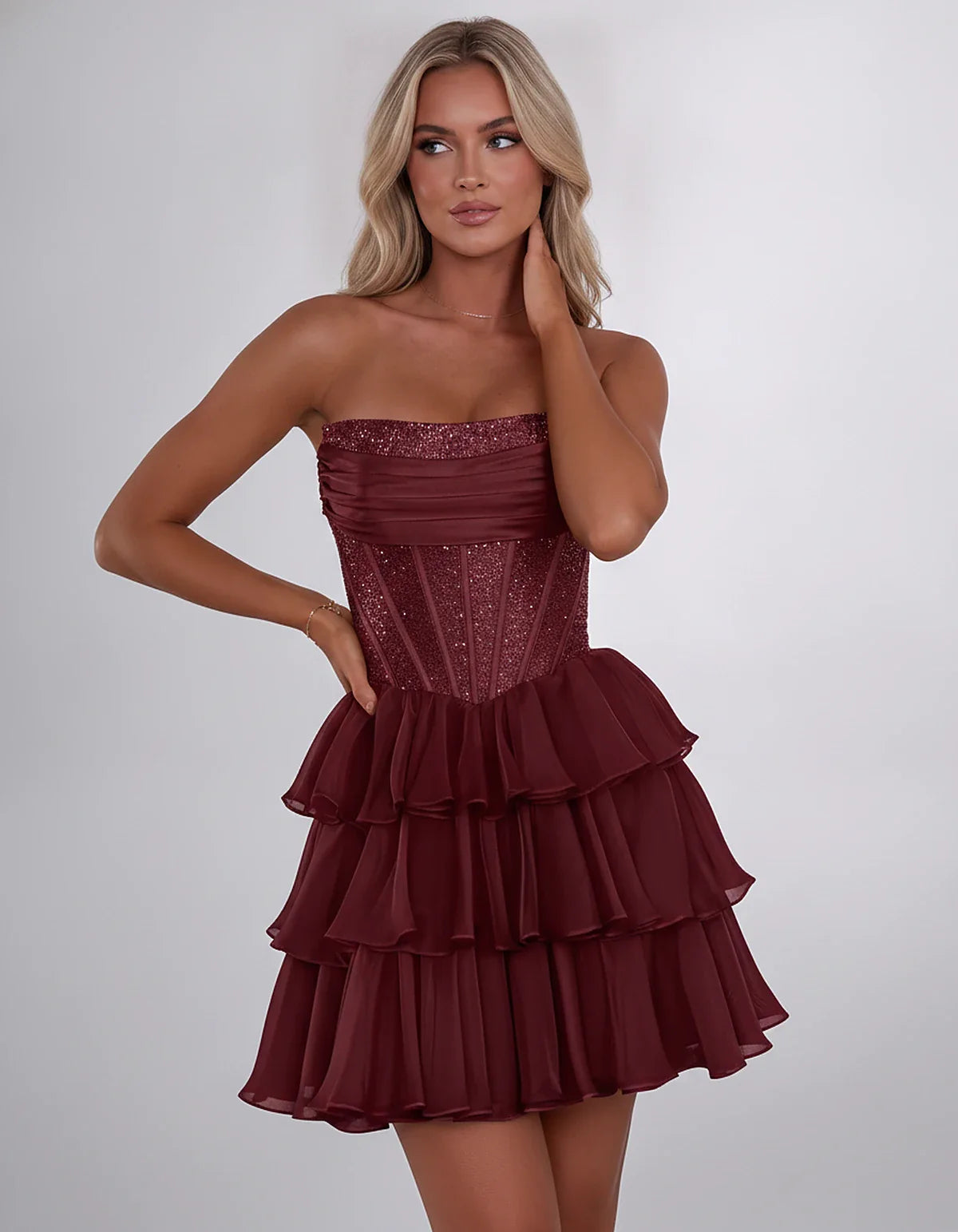 Chiffon Sequin Strapless Straight Neck Corset A-Line Mini Dress for Graduation, Homecoming, Cocktail Party, Evening & Wedding | SKU: LMD-641958273840516-BURGUNDY-L,LMD-641958273840516-BURGUNDY-M,LMD-641958273840516-BURGUNDY-S,LMD-641958273840516-BURGUNDY-XL,LMD-641958273840516-BURGUNDY-XS