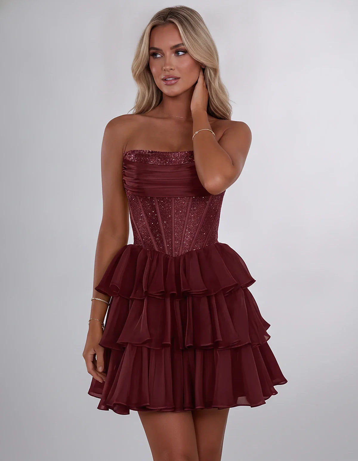 Chiffon Sequin Strapless Straight Neck Corset A-Line Mini Dress for Graduation, Homecoming, Cocktail Party, Evening & Wedding | SKU: LMD-641958273840516-BURGUNDY-L,LMD-641958273840516-BURGUNDY-M,LMD-641958273840516-BURGUNDY-S,LMD-641958273840516-BURGUNDY-XL,LMD-641958273840516-BURGUNDY-XS