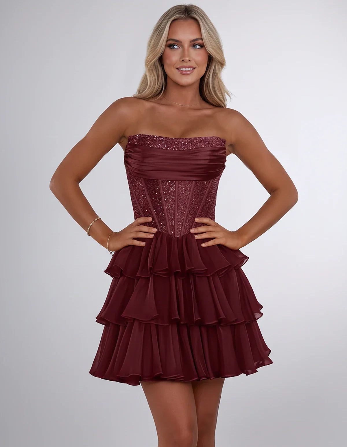 Chiffon Sequin Strapless Straight Neck Corset A-Line Mini Dress for Graduation, Homecoming, Cocktail Party, Evening & Wedding | SKU: LMD-641958273840516-BURGUNDY-L,LMD-641958273840516-BURGUNDY-M,LMD-641958273840516-BURGUNDY-S,LMD-641958273840516-BURGUNDY-XL,LMD-641958273840516-BURGUNDY-XS