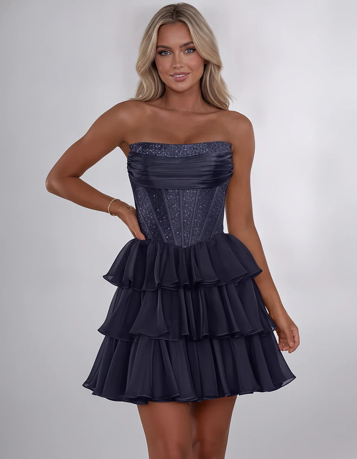 Chiffon Sequin Strapless Straight Neck Corset A-Line Mini Dress for Graduation, Homecoming, Cocktail Party, Evening & Wedding | SKU: LMD-641958273840516-NAVY-L,LMD-641958273840516-NAVY-M,LMD-641958273840516-NAVY-S,LMD-641958273840516-NAVY-XL,LMD-641958273840516-NAVY-XS