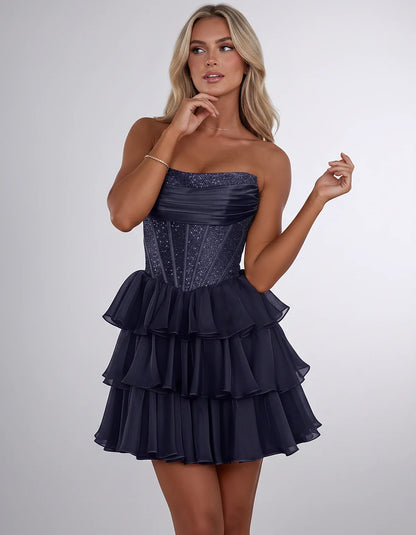 Chiffon Sequin Strapless Straight Neck Corset A-Line Mini Dress for Graduation, Homecoming, Cocktail Party, Evening & Wedding | SKU: LMD-641958273840516-NAVY-L,LMD-641958273840516-NAVY-M,LMD-641958273840516-NAVY-S,LMD-641958273840516-NAVY-XL,LMD-641958273840516-NAVY-XS