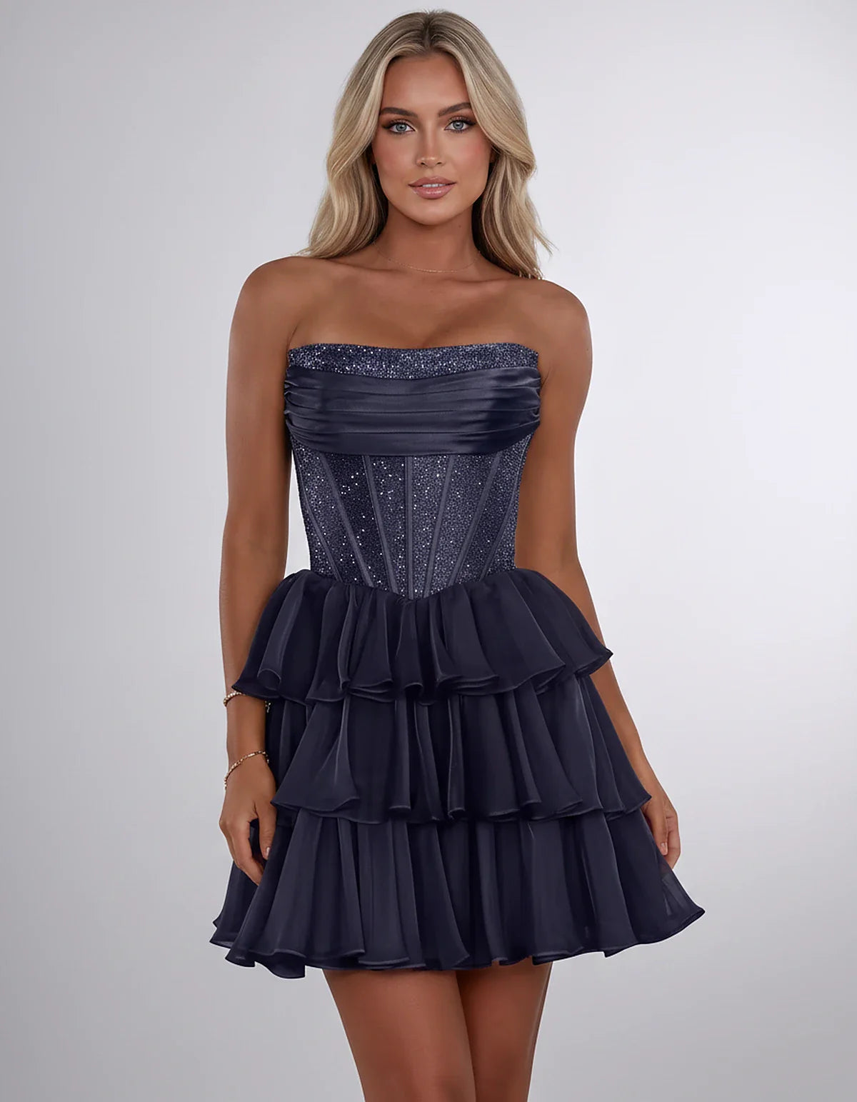Chiffon Sequin Strapless Straight Neck Corset A-Line Mini Dress for Graduation, Homecoming, Cocktail Party, Evening & Wedding | SKU: LMD-641958273840516-NAVY-L,LMD-641958273840516-NAVY-M,LMD-641958273840516-NAVY-S,LMD-641958273840516-NAVY-XL,LMD-641958273840516-NAVY-XS