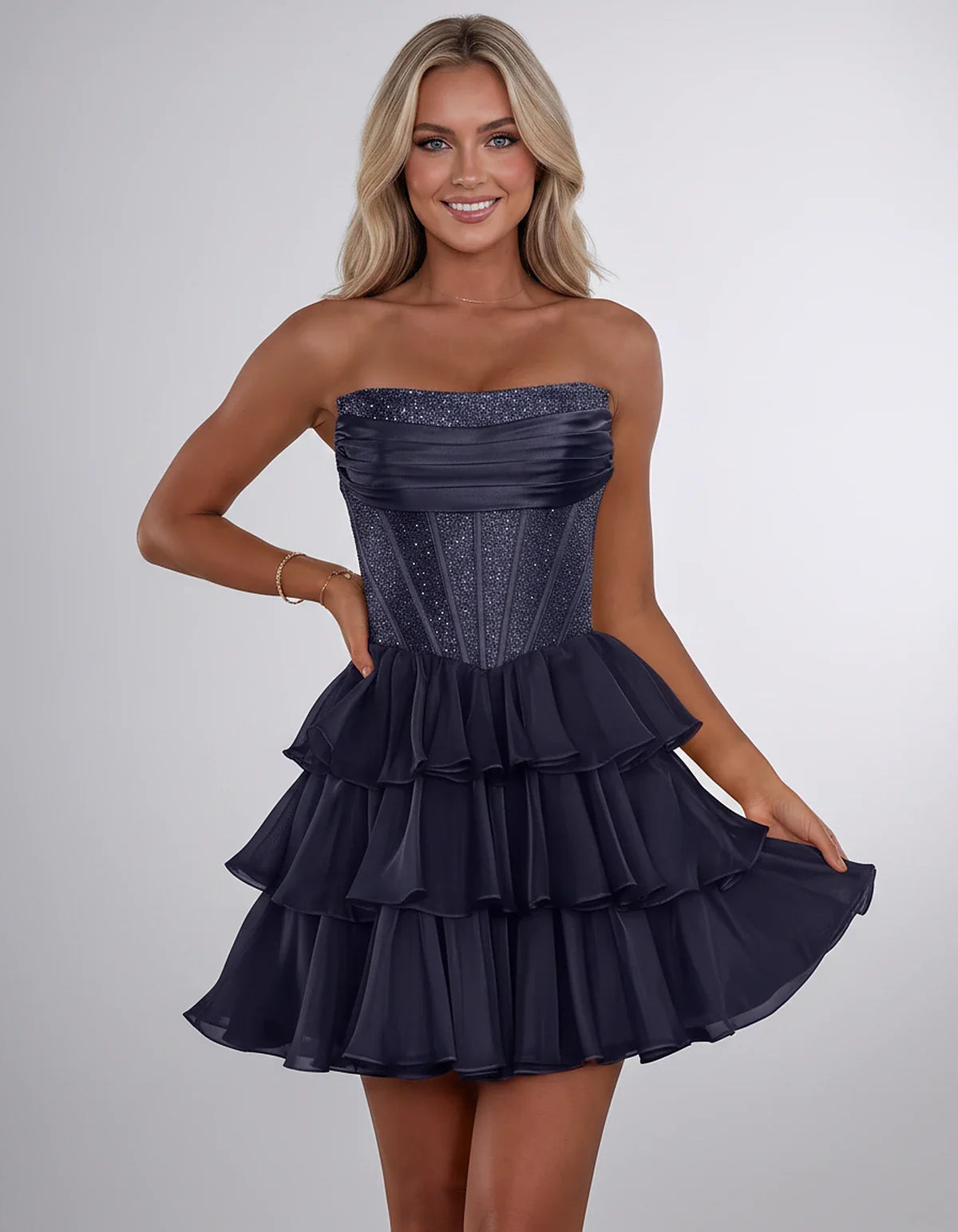 Chiffon Sequin Strapless Straight Neck Corset A-Line Mini Dress for Graduation, Homecoming, Cocktail Party, Evening & Wedding | SKU: LMD-641958273840516-NAVY-L,LMD-641958273840516-NAVY-M,LMD-641958273840516-NAVY-S,LMD-641958273840516-NAVY-XL,LMD-641958273840516-NAVY-XS