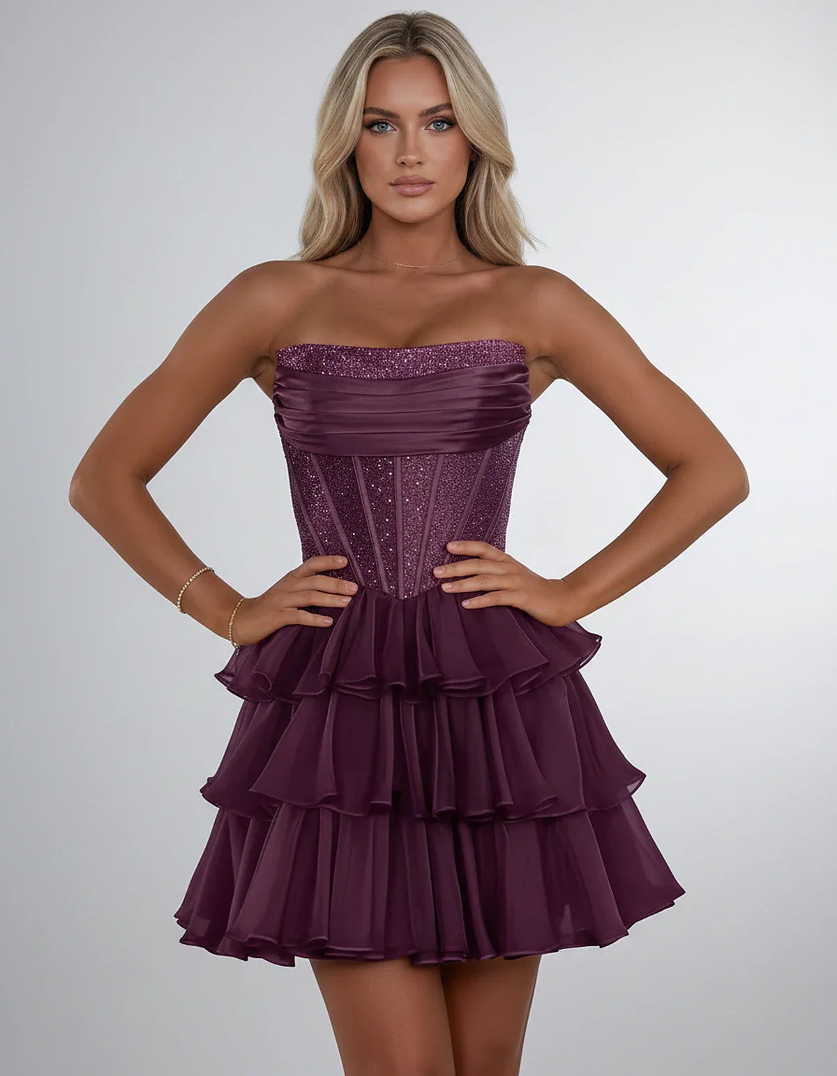 Chiffon Sequin Strapless Straight Neck Corset A-Line Mini Dress for Graduation, Homecoming, Cocktail Party, Evening & Wedding | SKU: LMD-641958273840516-PURPLE-L,LMD-641958273840516-PURPLE-M,LMD-641958273840516-PURPLE-S,LMD-641958273840516-PURPLE-XL,LMD-641958273840516-PURPLE-XS